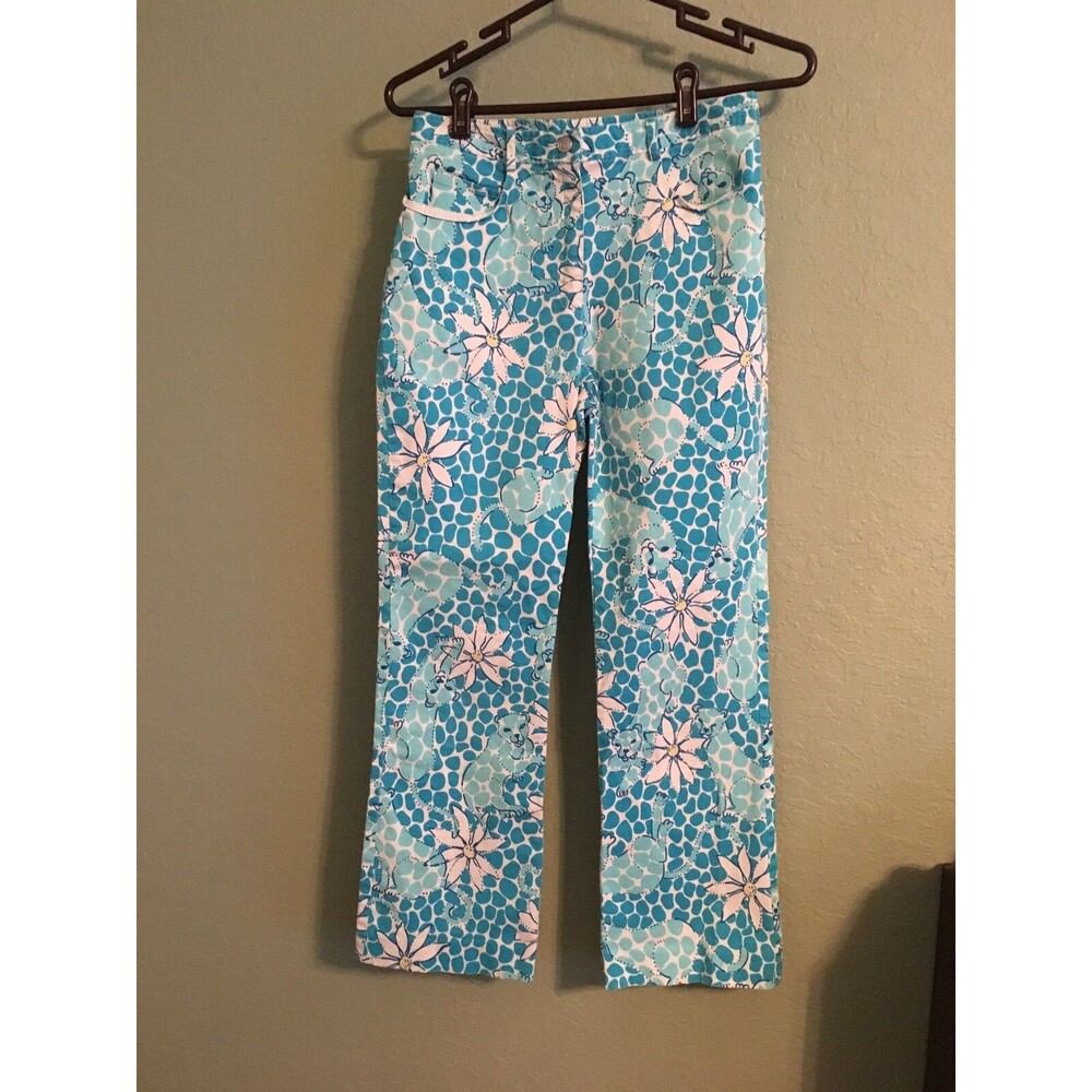 Lilly Pulitzer Blue White Leopard Floral Design Size 4 Cotton Blend Pants
